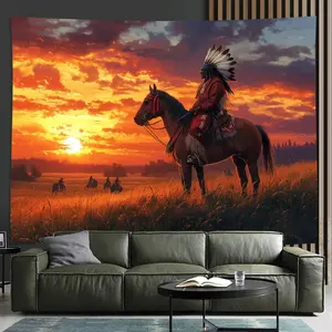 1pc Vintage-Inspired Polyester Wall Tapestry Featuring Native American Warriors on Horseback with Dramatic Sky Background - Ideal for Home & Office Decor, No Power Needed