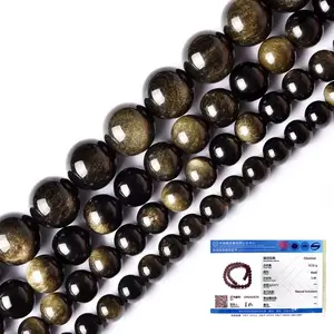Natural Golden Obsidian Gemstone Smooth Round Loose Beads For DIY Jewelry Making Desig Handmade Crafts Bracelet, Necklace, Earrings AAA Quality 15.5 Inches Long, Semi Precious Stone, Spacer beads