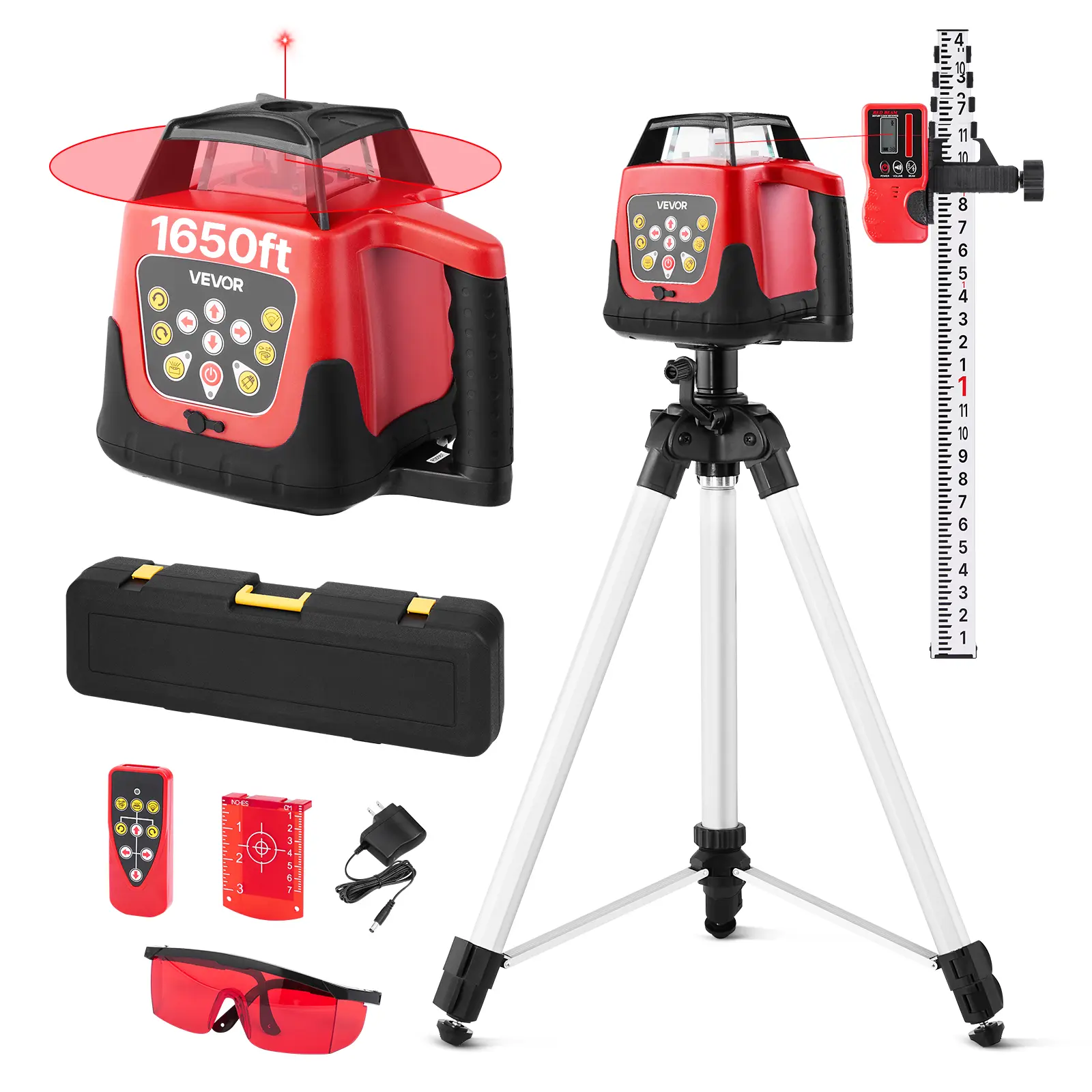 【summerfinds】VEVOR Rotary Laser Level Kit, 1650ft 360-Degree Self Leveling Red Horizontal Laser Transit,with Tripod,Receiver,Remote Control, Scale,Toolcase, IP66 Waterproof, 0.80in/100ft Precision for Construction, Lighted Laser Levels