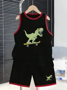 Boys' Skateboard Dinosaur Vest Shorts Set, Cool Cartoon Print, Sleeveless, Loose-Fitting, Soft Breathable Fabric, Casual Street Style