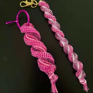 2 for 1! Pink and Purple Boondoggle Colorful Bag Charms with Plastic Lanyard String Adorable Spiral Stitch Design Nostalgic Collectibles