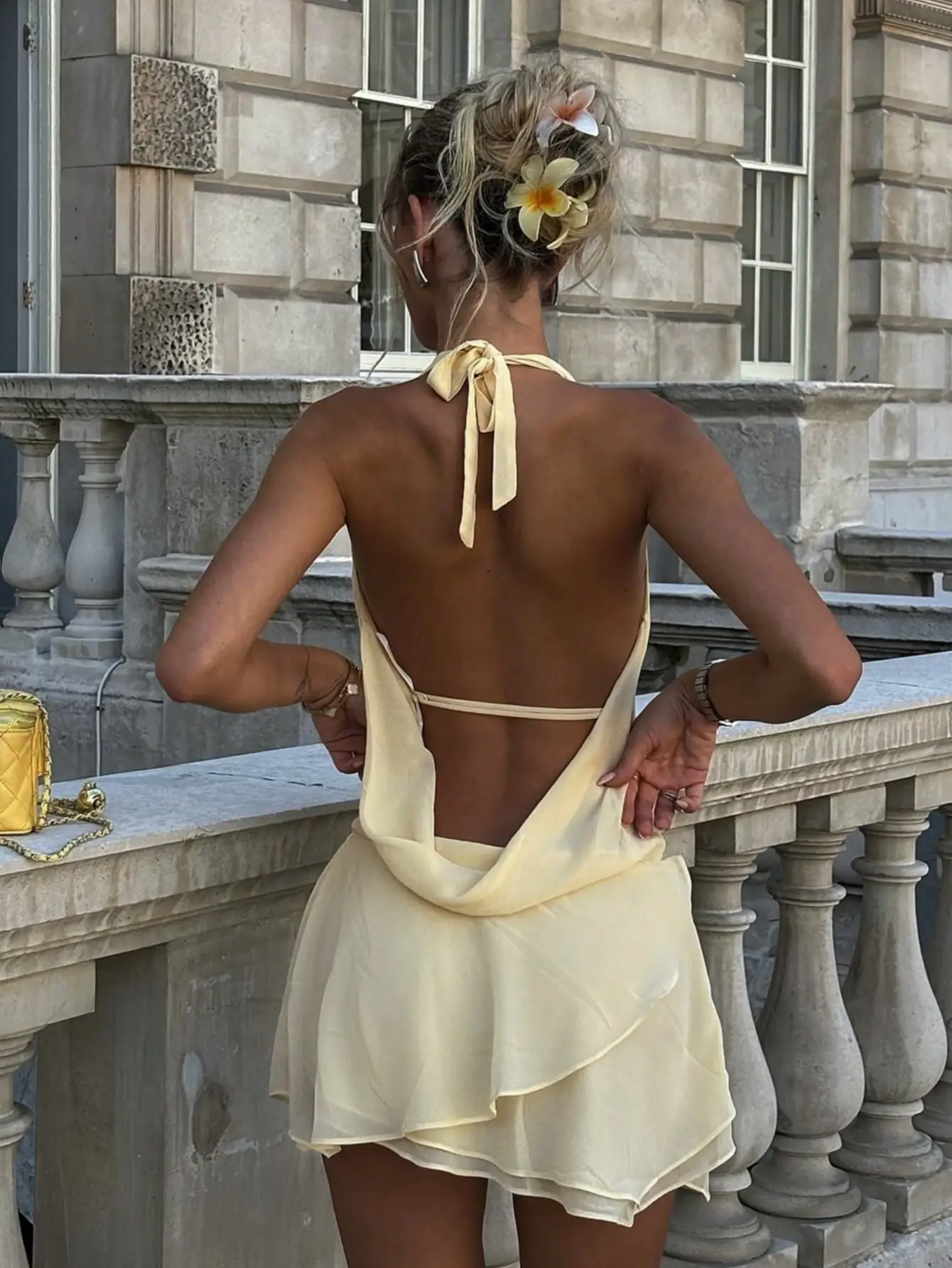 LALUZ Trendy Chiffon Draped Neck Low-Cut Ruffle Tie-Up Backless Mini Dress Music Festival Prom Graduation Summer