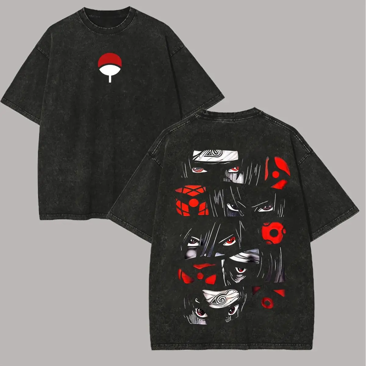 Uchiha Eyes T Shirt Naruto Sharingan Vintage Acid Wash Streetwear Oversized Retro Anime Graphic Men Tees Cotton Top Clothing fathersdaygift