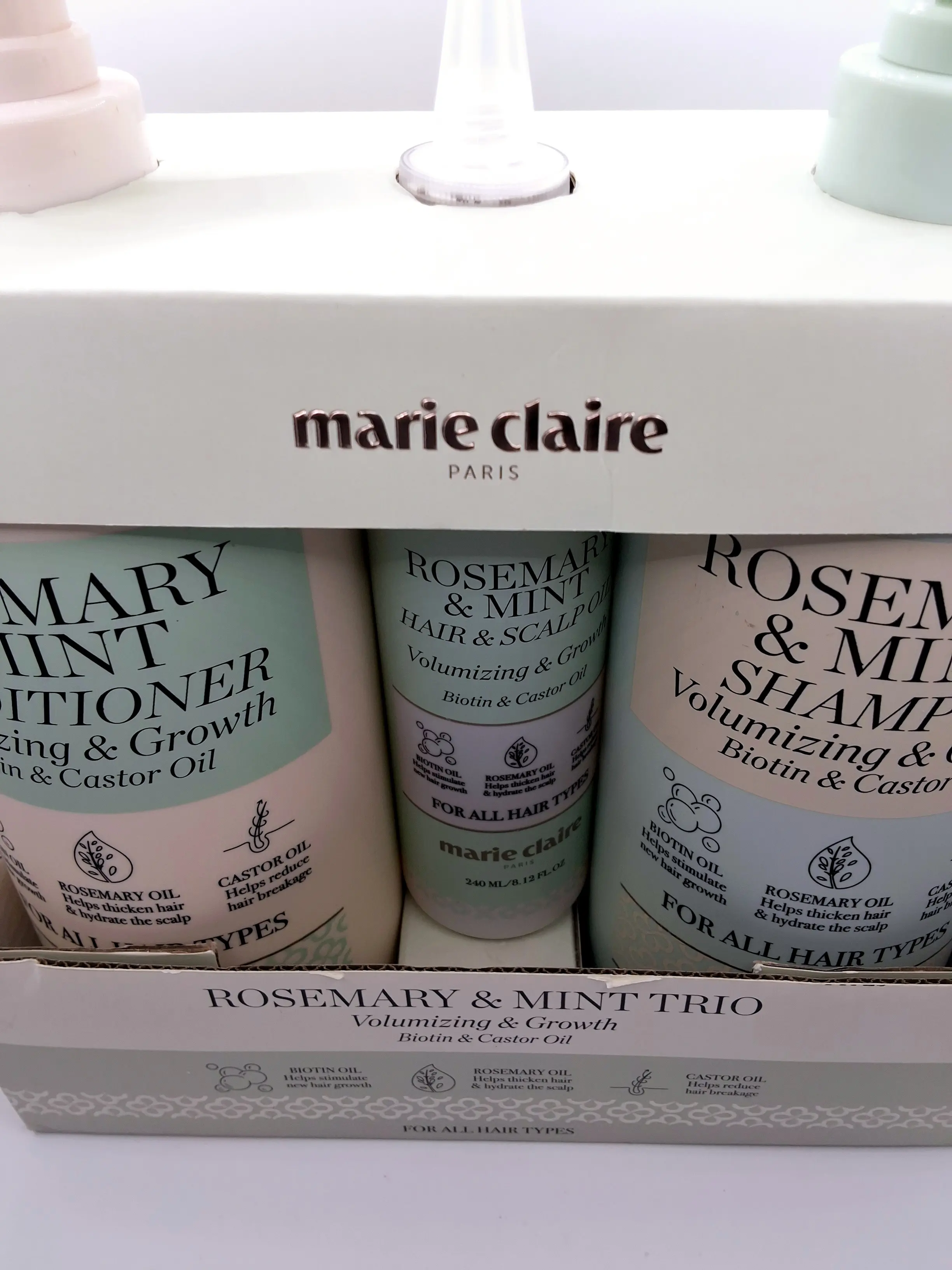 Marie Claire Paris Rosemary & Mint Volumizing Shampoo and Conditioner Trio Set, 33.81 fl oz Each with Biotin & Castor Oil & 8.12 fl oz Hair Oil Treatment