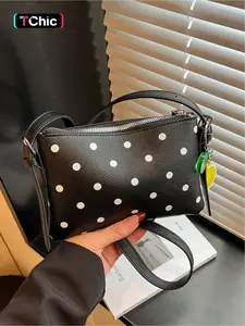 Retro polka dot printed mini shoulder bag | Durable faux leather fabric, black and white polka dot design+minimalist silhouette, adjustable shoulder straps for comfortable shoulder tightness, with a retro French atmosphere, a must-have versatile item for