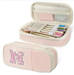 Janhavi Preppy Pencil Case for School Supplies, Initial Large Pink Penicl Case for Nursing Bag, Cute Pencil Pouch Bag for Office,Birthday Gifts for 6 7 8 9 10 11 12 13 Year Old Girls-Pink M -Back to school
