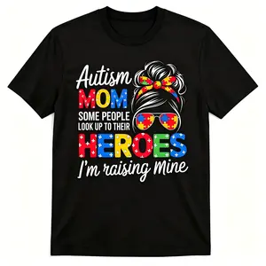 "Autism Mom" Messy Bun Autism Awareness Graphic T-Shirt for Men & Women, Summer Short Sleeve Printed Cotton Tee, Casual Advocacy Supportive Clothing for Parents, Breathable Elastic Fabric, Regular Fit, Machine Washable
