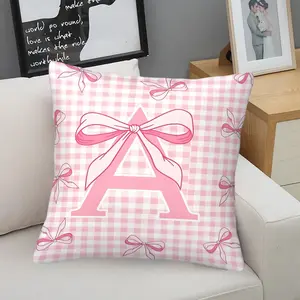 Pink Gingham Bow & Letter A-Z Print Throw Pillow, Coquette Aesthetic Cushion, Soft Decorative Accent Pillow, Includes Pillow Core, Cute Preppy Style for Bedroom, Sofa, Couch, Living Room, Home Decor