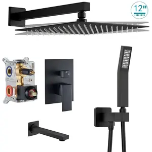 Shower System with Tub Spout Wall Mounted Rain Shower Head and Handle Combo Shower Faucet Set with Valve, 12 Inch, Matte Black