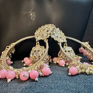 Jumka Ring with Pink Beads, Gold-Tone Finish, Elegant Design, Perfect for Any Occasion