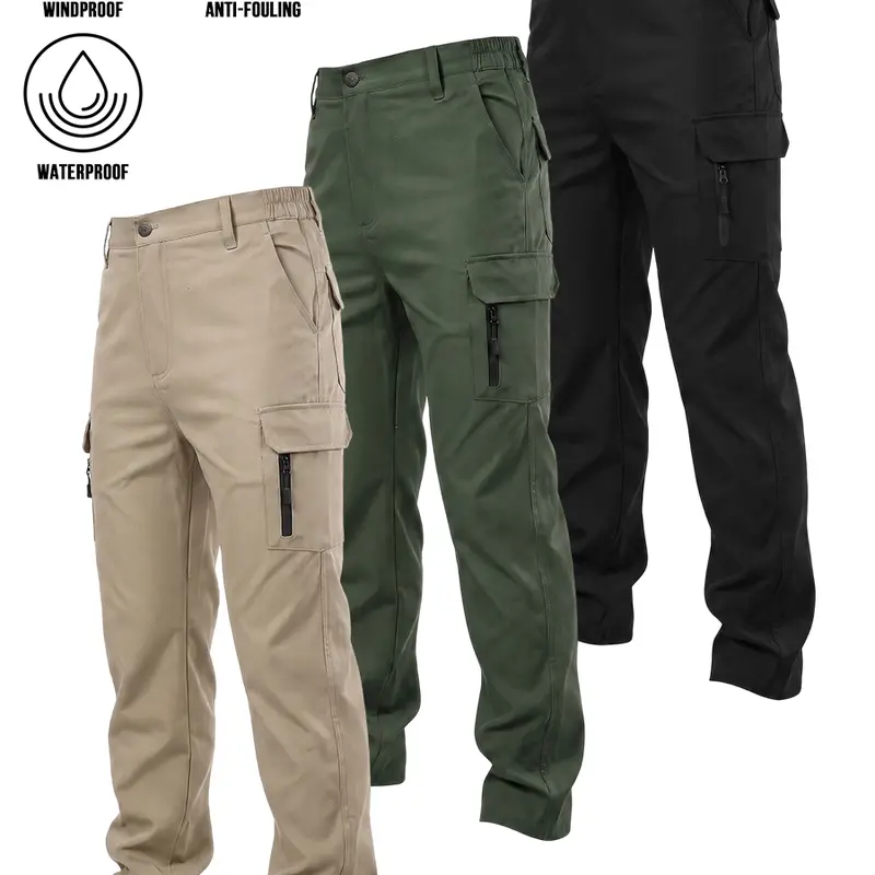 Men's 3-Pack Plain Solid Zip Cargo Pants - Lightweight Waterproof, Anti-Stain, Durable, All-Purpose 3-Proof Windproof Fabric, Elastic Back Waist Straight Leg Outdoor Tactical Hiking Trousers, Lightweight Waterproof Men's Pants