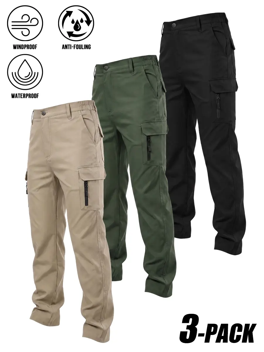 3-PACK Men Solid Zip Multi Cargo Pocket Tactical Hiking Pants, 3-proof windproof waterproof anti-fouling fabric, elastic back waist straight leg outdoor work combat trekking trousers