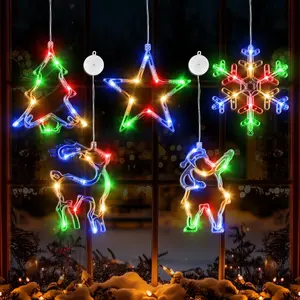 5Pcs Christmas Window Lights, Battery Powered Twinkle Lights Christmas Decorations Indoor Outdoor for Wall Door Porch Balcony Glass Decor with Suction Cup & Timer