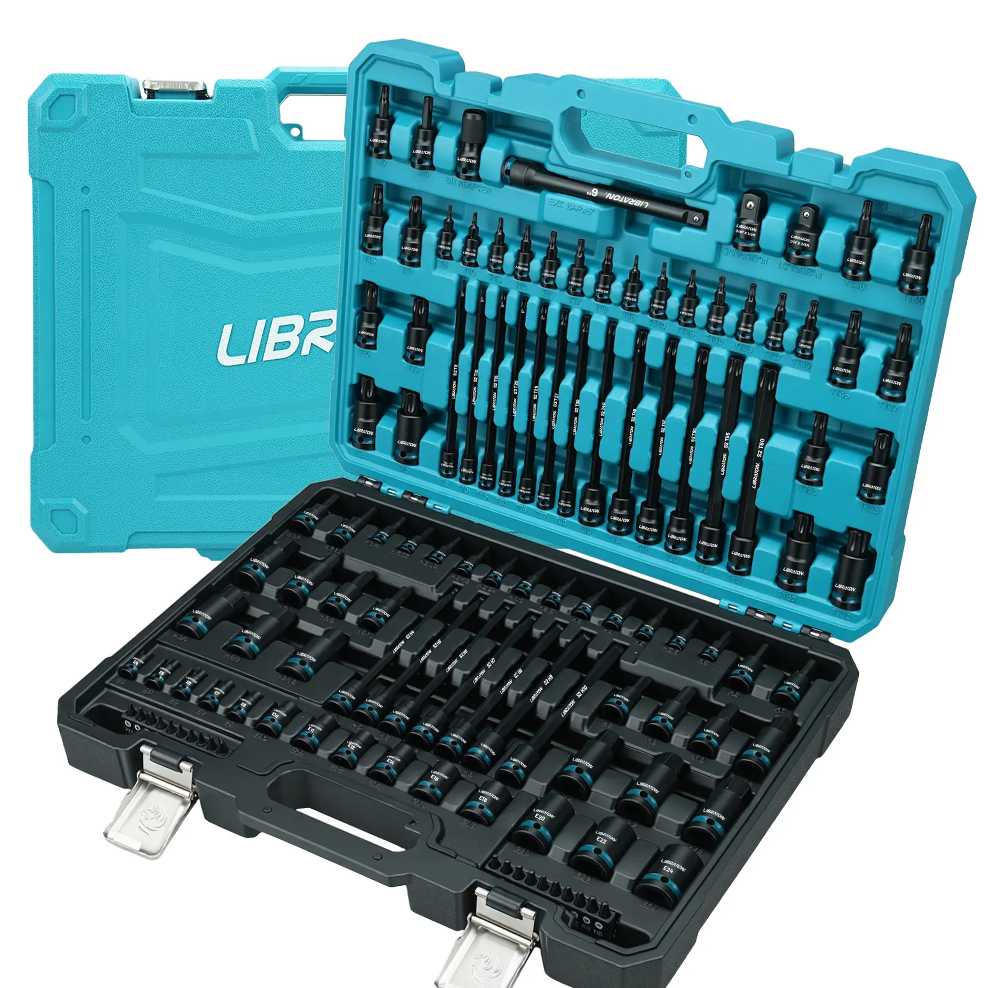 LIBRATON 118PCS Allen and Torx Bit Socket Set, Impact Ready Hex, E-Torx & Security Torx Socket Set, SAE & Metric, 1/4", 3/8" & 1/2", Long Reach Ball-End Hex, Adapters, Automotive Mechanic Tool Set