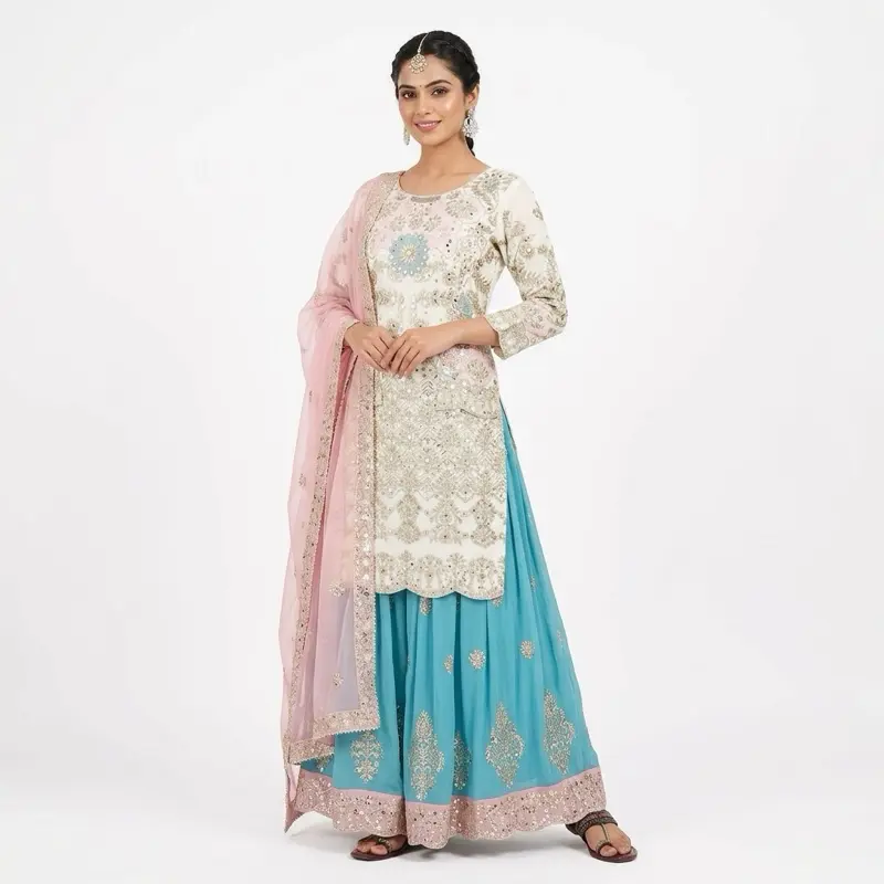 Traditional Punjabi Suit for Women, 3-Piece Indian Embroidered Salwar Kameez, Lady Cosplay Costume Set with Dupatta, Accessories, Costume For Parties, Fabric, Undamaged, Unused
