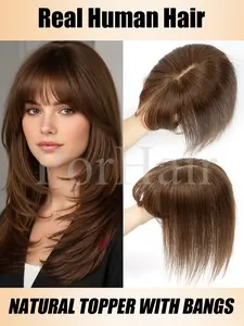 8x12cm Straight Brown Real Human Hair Topper With Bangs Women Natural Black Brown Highlights Blonde Skin Scalp Glueless Clip in Topper Hair Pieces Human Hairpieces Extensions