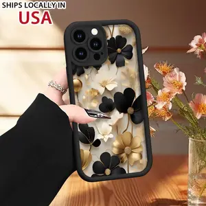 Simple Soft Phone Case with Black And Golden Flowers Pattern UV Printing Matte Phone Cover, 360 Degree Full Protection for Apple Iphone 11 12 13 14 15 16 Pro Max Smartphone, Best Gift for Birthday Girl Boy