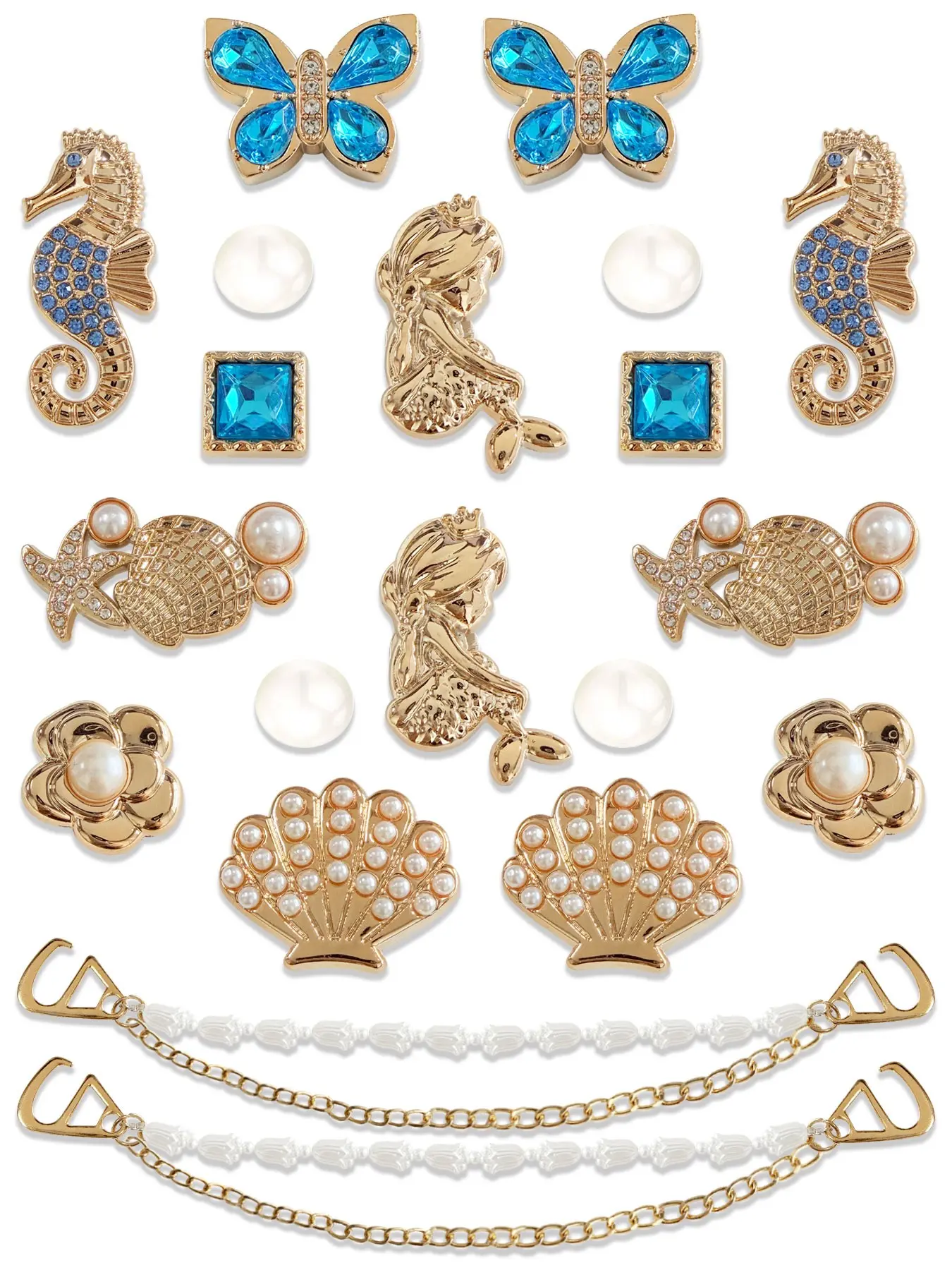 20pcs Blue Gold Mermaid Theme Resin Shoe Buckles, Seahorse Butterfly Pearl DIY Shoe Accessories, Hole Shoes Decorations, Shoe Charms