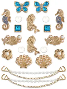 20pcs Blue Gold Mermaid Theme Resin Shoe Buckles, Seahorse Butterfly Pearl DIY Shoe Accessories, Hole Shoes Decorations
