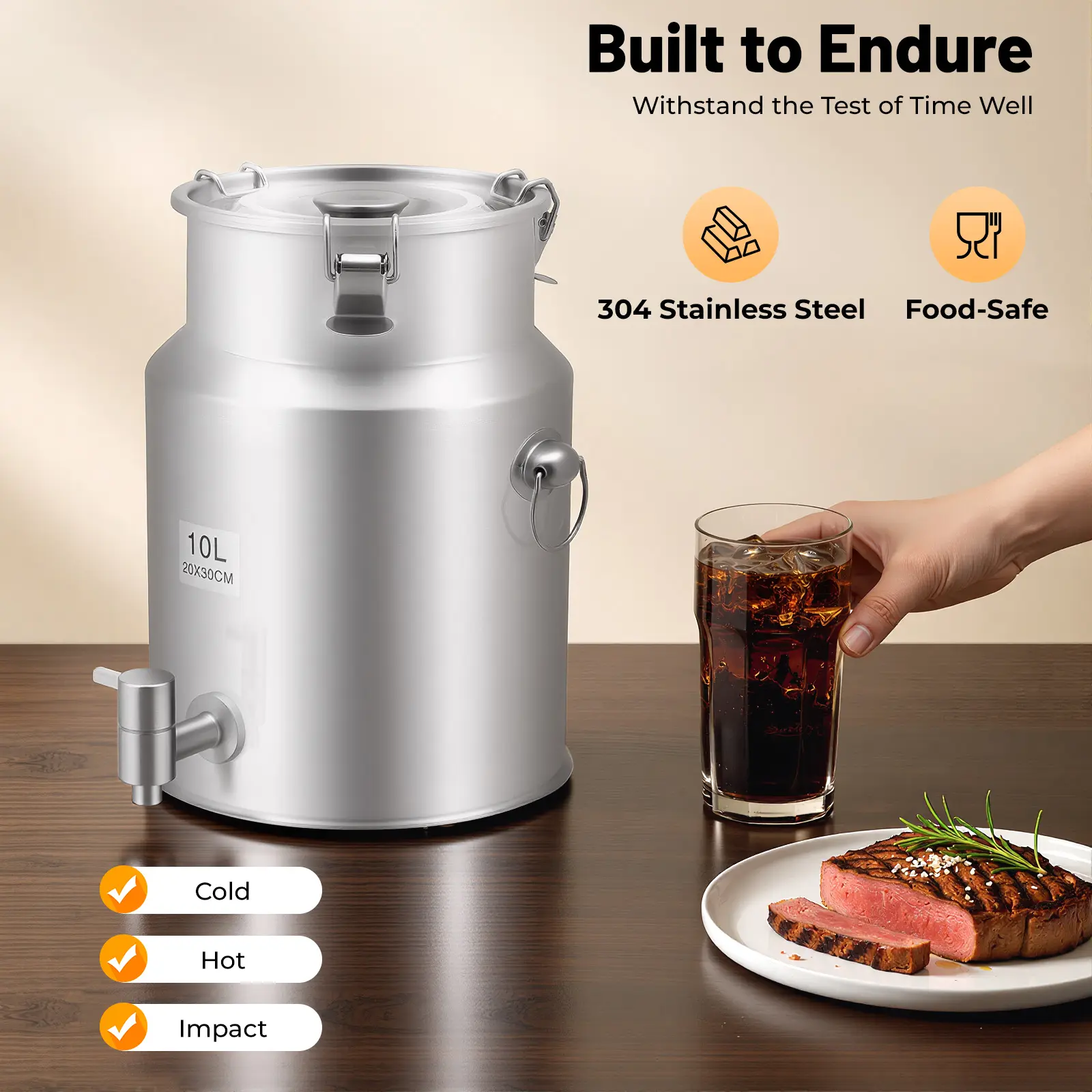 10L 2.64Gal Stainless Steel Beverage Drink Dispenser Milk Transport Barrel With Spigot For Juice Oil Water Silver