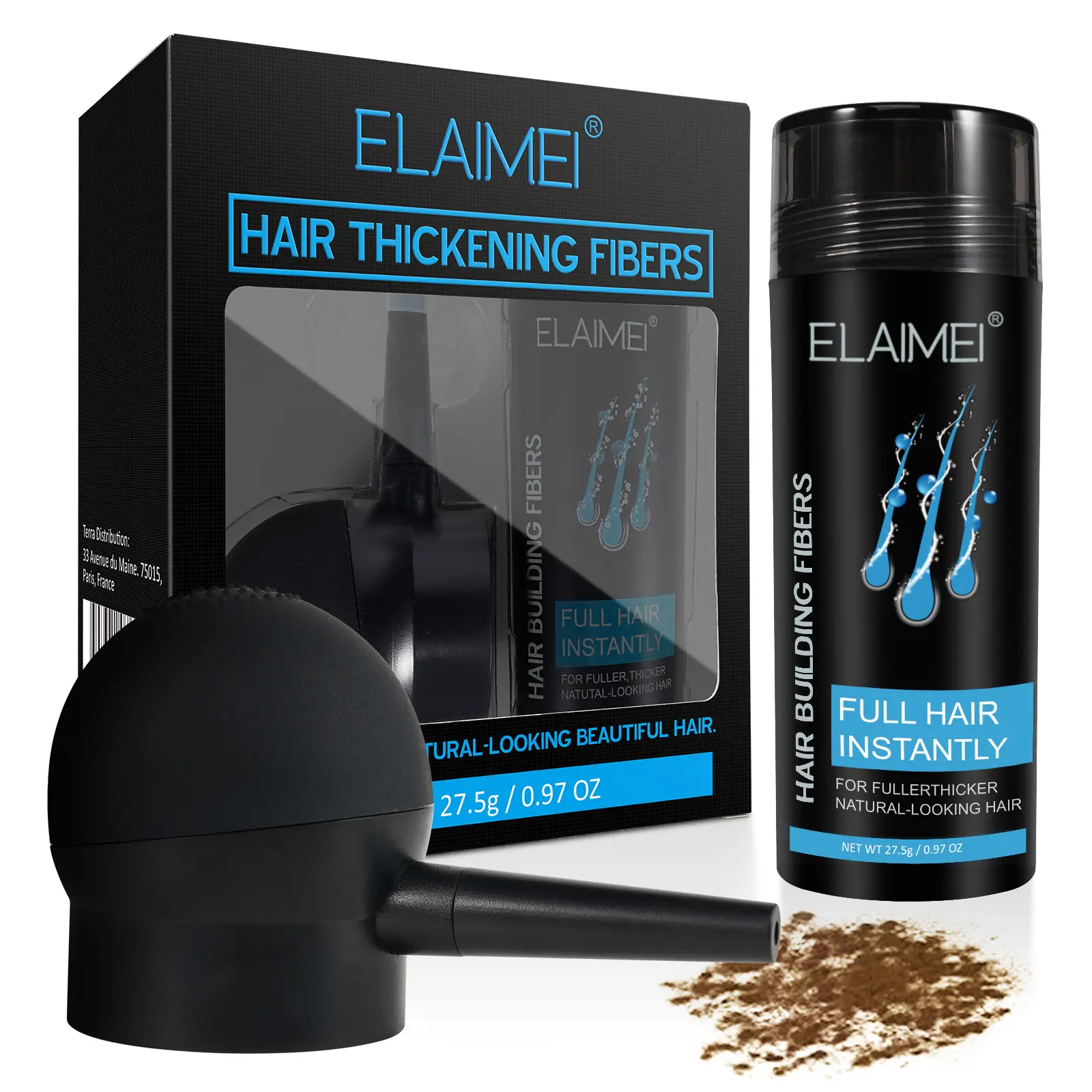 Elaimei Hair Thickening Fiber Set 27.5g, Built-In Spray Bottle, Suitable for Sparse Hair, Adds Volume & Density, Unisex Use, Volumizing Hair, Hair Products