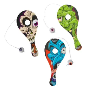 4 1/2" x 9" Halloween Eyeball Catch Monster Wood Paddle Ball Games - 12 Pc.