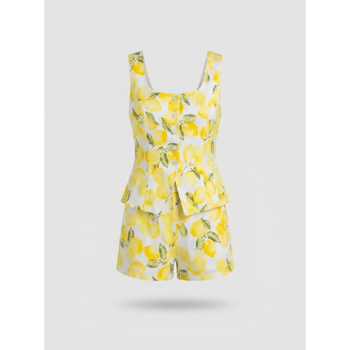 Lemon Print Peplum Top and Shorts Set for Women - Yellow and White Color Scheme - Perfect for Casual Wear