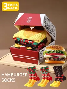 3 Pairs of Mid-Calf Socks Hamburger Layered Simulated Print Hamburger Box Gift Packaging Breathable and Sweat-Wicking Playful Creative Style Everyday Wear
