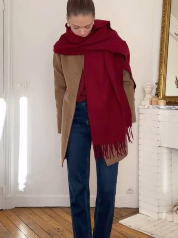 Women'sWinter scarf Solid Color Regular Faux Cashmere Scarf, Suitable For Seasonal Transition hijab, Daily Wear, Windproof And Warm, Red For Christmas Scarfs, Soft Warm Shawl