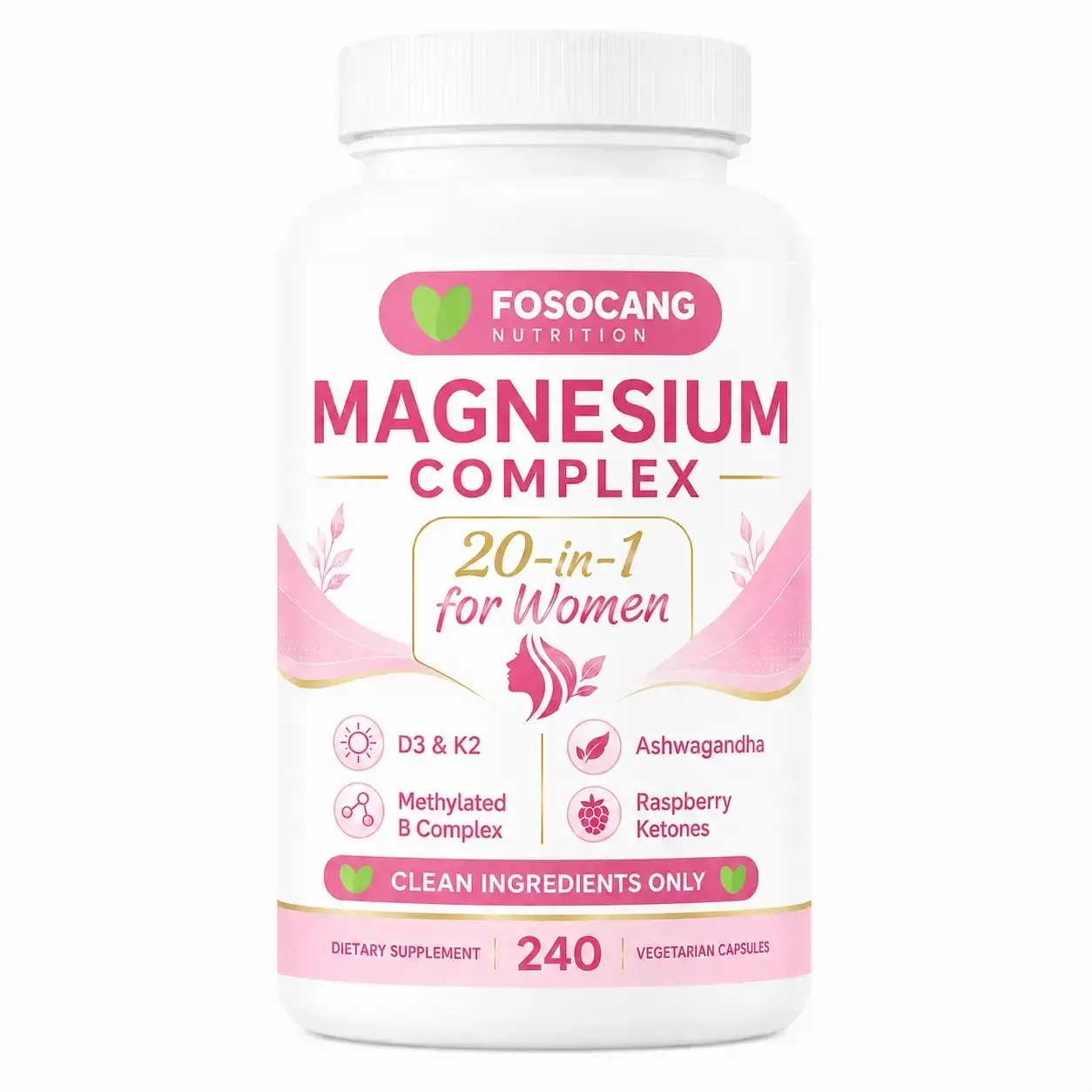 Magnesium Complex for Women, 240 Vegetarian Capsules | 20-in-1 Formula - Magnesium Blend with Vitamin D3, K2, Ashwagandha & More | Filler Free, Non-GMO /  Healthcare,Dietary,Supplement,Edible,Bathroom,Optimum,Fitness