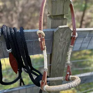 Complete Horse Size Bitless Rawhide Bosal and Black Mecate Rein