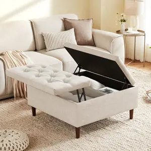 35 Inch Extra Large Storage Ottoman Coffee Table with Lift Top, Oversized Square Ottoman with Storage, Tufted Upholstered Ottoman Coffee Tables for Living Room