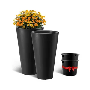 【Spotlight Day】VEVOR Set of 2 Tall Planter For Outdoor Indoor Plants 24inch, Black Round Large Planters For Front Porch, Patio, Tall Taper Flower Tree Plant Pots with Modern Design and Built-in Drainage