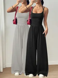 Women's Spring Summer Casual Fitted Basic Sleeveless Adjustable Strap Lightweight Ruched Loose Straight Leg Fit Jumpsuit, Simple Fashion Daily Versatile One-Piece Pants, Sleeveless Strap Overalls