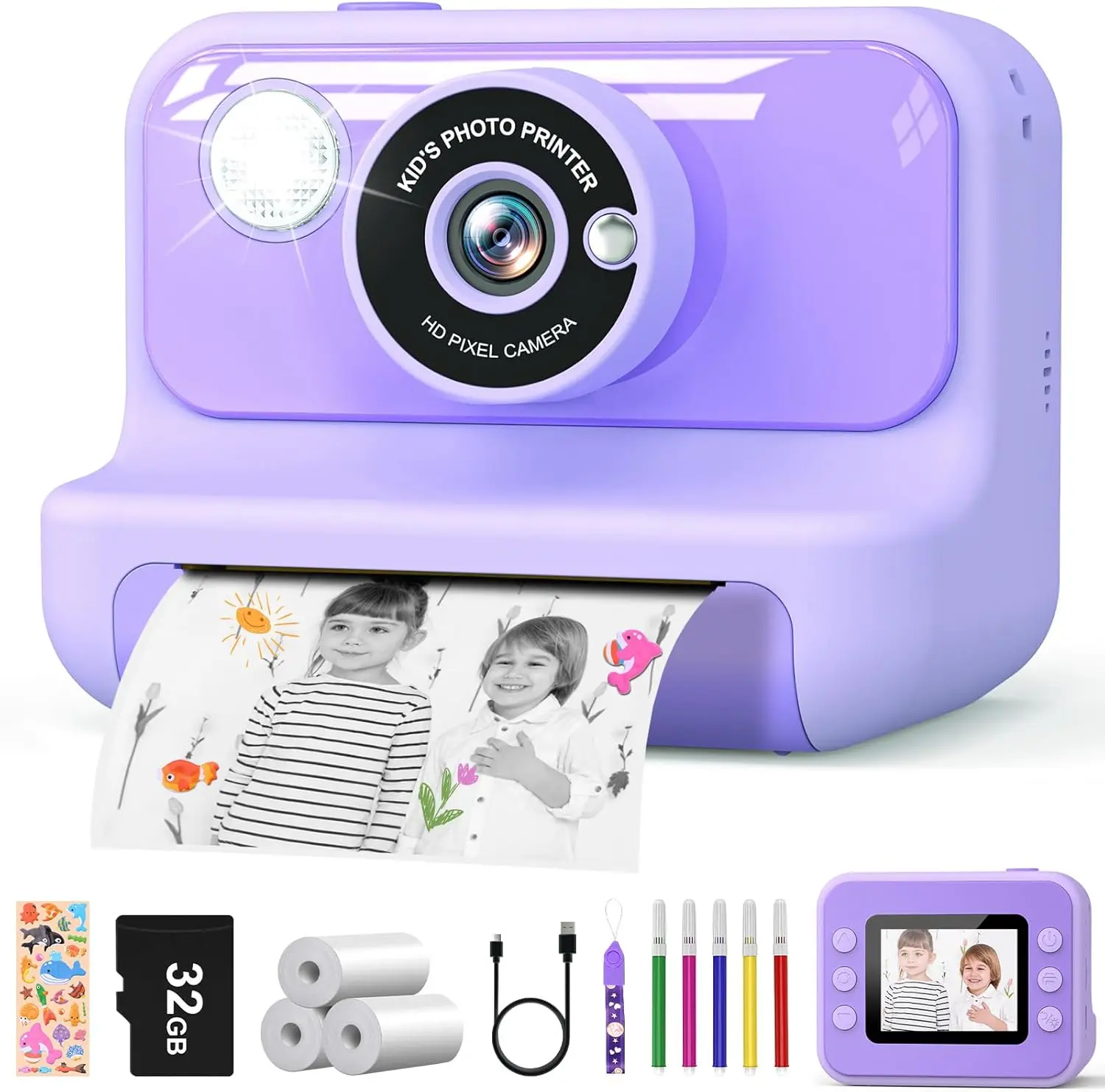 Camera  Print, Christmas Birthday Gifts for Girls and Boys, 1080P  Video Digital  Camera with 32G Card,  Camera for 3-12 , Purple