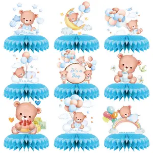 Blue Bear Gender Reveal Theme 3D Honeycomb Central Decoration, Dual-Sided Print, Perfect for Birthday Party Baby Baptism Gift