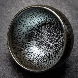A59. Traditional Chinese Jianzhan tea cup with silver inlay, iron body, oil-drop design; master single tea bowl; Kung fu tea set
