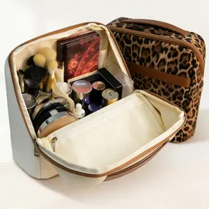 Stand-up Large Capacity Toiletry Bag, Portable Travel Makeup Storage Organizer for Skincare & Cosmetics, Waterproof Vegan Leather Travel Bag with Sturdy Handle - Stylish Leopard/Cream, Fits on Luggage Handle, Travel Essentials