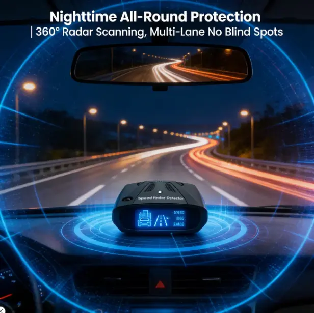 Black Portable Car Radar Detector, 16 Band V7 System with 360 Degree Laser Signal Capture and Voice Warning, User-Friendly Buttons, Included Suction Mount & 12V Adapter, Essential Accessory for Safe Daily Commute