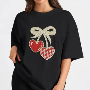 Coquette Aesthetic Graphic Tee Women Cherry Heart Bow Top Y2K Preppy Fashion Soft Girl Style plusized S-6XL_KT0039