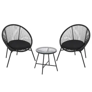 Acapulco Style 3-Piece Patio Bistro Set - 2 Rattan Lounge Chairs with Thick Cushions & Round Tempered Glass Side Table - Outdoor Cafe Set for Balcony, Porch, Garden, Backyard