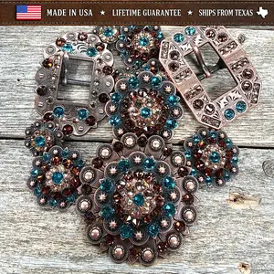 Copper Teal - Champagne - Topaz Crystal Conchos | Sizes 1"- 3" | Buckles | Saddle Set | Leather Rosettes | Slide