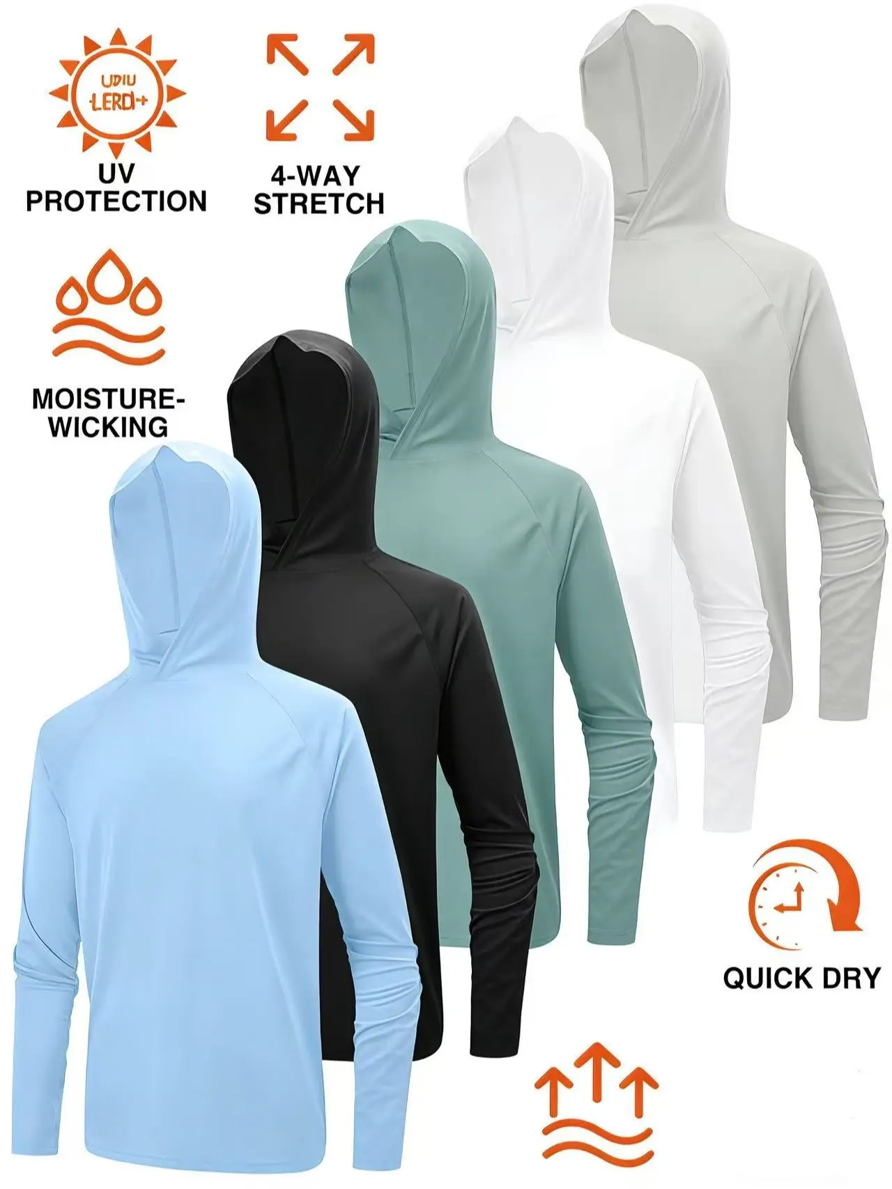 5Pack Men's Dry Fit Athletic Hoodies Long Sleeve Fishing Shirts For Men UPF SPF Sun Protection Linghtweight Rash Guards for Workout Running Cycling Gym Fishing Outdoor Sports