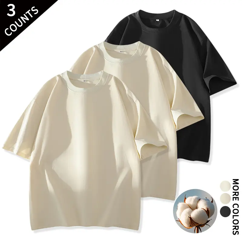 Minimalist 3-Color Pure Cotton Oversized Short Sleeve Shirts 3 Pack for Men, Drop Shoulder Casual Tees Worn Alone or Layered for Campus Sports