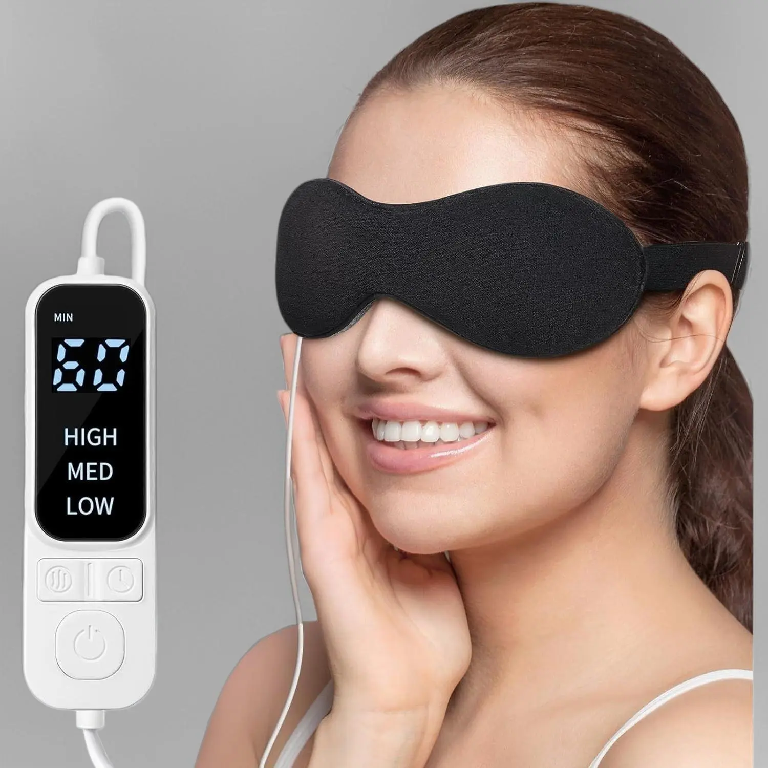 P-P Heated Eye Mask: Soothe eyes, ease discomfort! 3 temps, 4 timers, washable cover – relief for dry eyes, migraines, stye & MGD (Black).