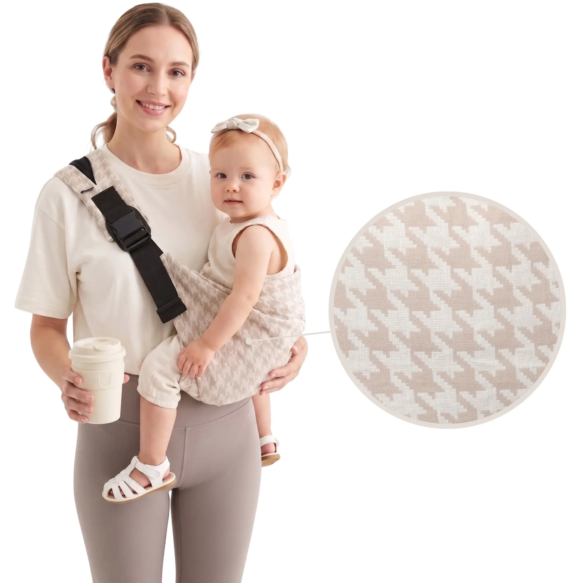 2026 Upgrade Houndstooth Baby Sling Carrier - Cotton Linen, Padded Leg Support, Hands Free, Breathable, Front-Mounted Toddler Carrier Sling, Hands Free Carrier