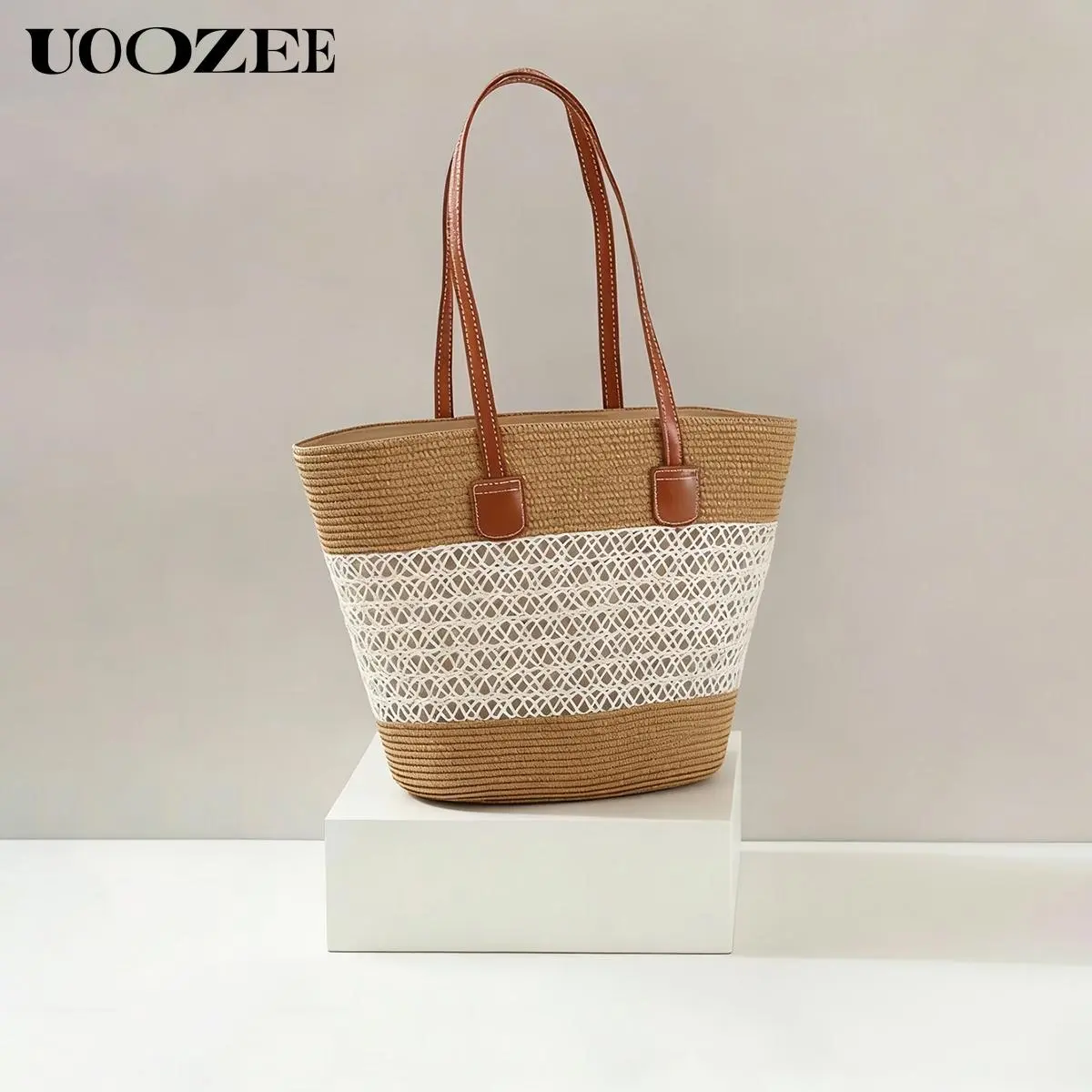 UOOZEE 2026 New Straw Woven Women’s Shoulder Tote - Large-Capacity, Leather-Handled, Lightweight, Fashionable Bohemian Bag with Casual Vibes, Ideal for Boho Outfits, Bathing Suit Carry