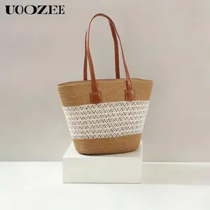 UOOZEE 2026 New Straw Woven Large-Capacity Leather-Handled Women’s Shoulder Tote - Lightweight Large Tote Purse, Casual Trendy Trending Purses for 2026, Ideal for Boho Outfits, Bathing Suit Carry