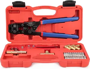 PEX Clamp Tool PEX Fitting Kit for Cinch and Removal 3/8-in, 1/2-in, 3/4-in, 1-in PEX Clamps, c/w 1/2''(20 Pack) PEX Clamp Rings, Brass PEX Crimp Fittings(12 Pack), PEX Tubing