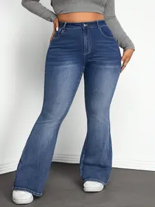 Women's Plus Size New Versatile Flare Pants Trendy Fashion Elastic Comfort Casual Denim Long Pants, All Seasons, Plain Style